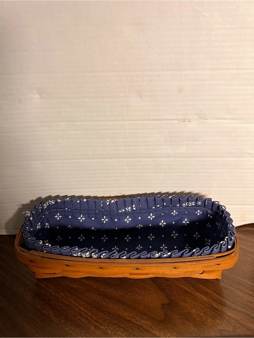Longaberger Handwoven Brown Wood Basket with Navy Blue Fabric Liner